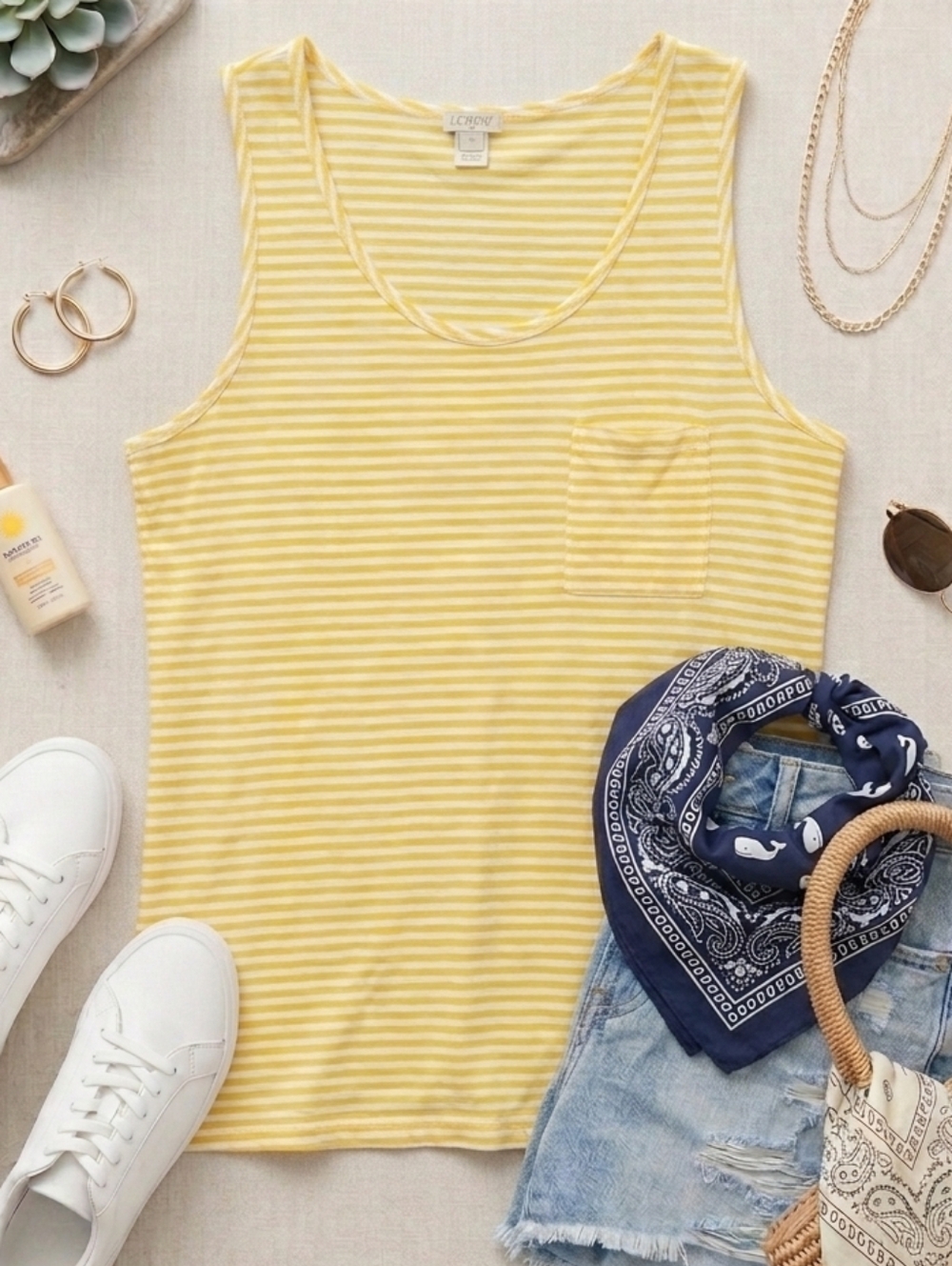 J. Crew Yellow and White Striped Pocket Tank Top